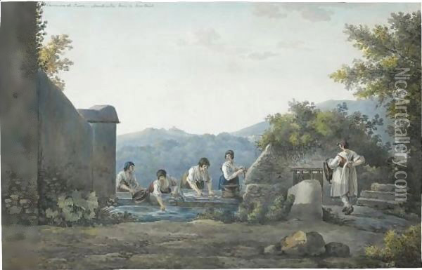 Washerwomen At A Fountain Near Tivoli Oil Painting - Franz Kaisermann