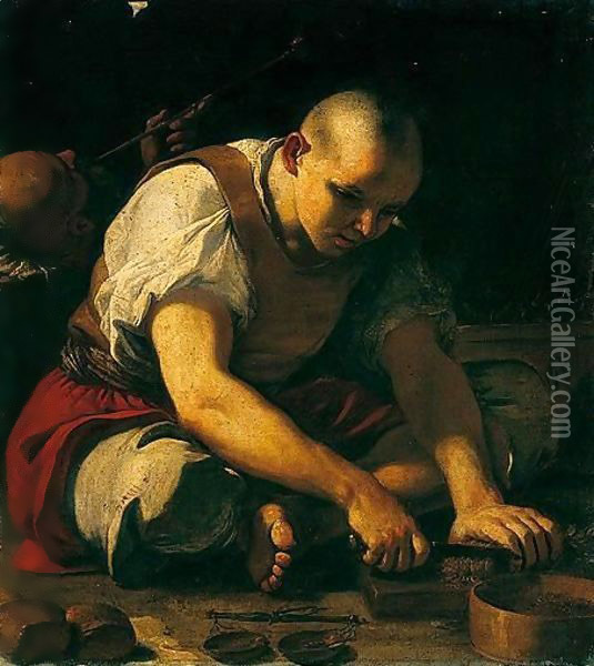 A Man Cutting Up Tobacco, Another Smoking Behind Oil Painting - Mattia Preti