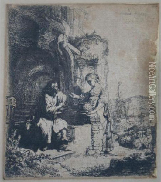 Christ And The Woman Of Samaria Amongst Ruins Oil Painting - Rembrandt Van Rijn