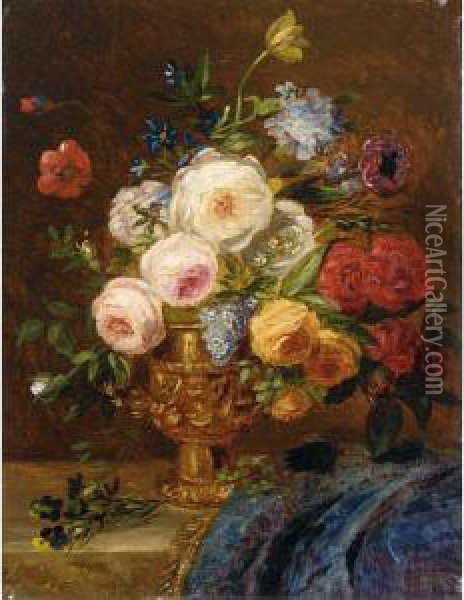 A Still Life With Flowers In A Golden Vase Oil Painting - Adriana-Johanna Haanen