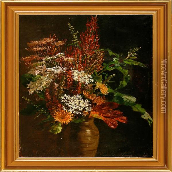Bouquet Of Flowers In A Vase On A Table Oil Painting - Augusta Laessoe