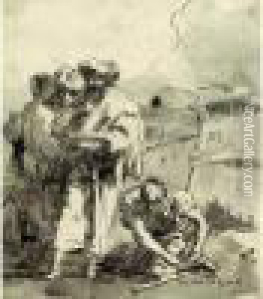 Quatre Personnages Au Pied D'une Fortification Oil Painting - Giovanni Domenico Tiepolo