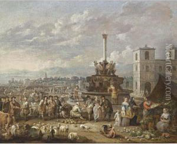 An Italianate Market Scene With Peasants Selling Their Ware Near A Fountain Oil Painting - Lambert de Hondt