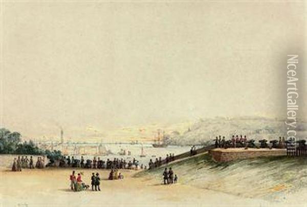 View Of Plymouth Hoe, With 
Soldiers Loading Cannon To Salute Thearrival Of The Flagship And With 
Spectators Watching Theevent Oil Painting - Condy, Nicholas Matthews