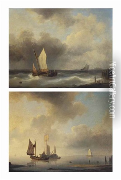 Shipping On A Calm Sea; And A Sailing Boat Near The Coast Oil Painting - Abraham Hulk the Elder