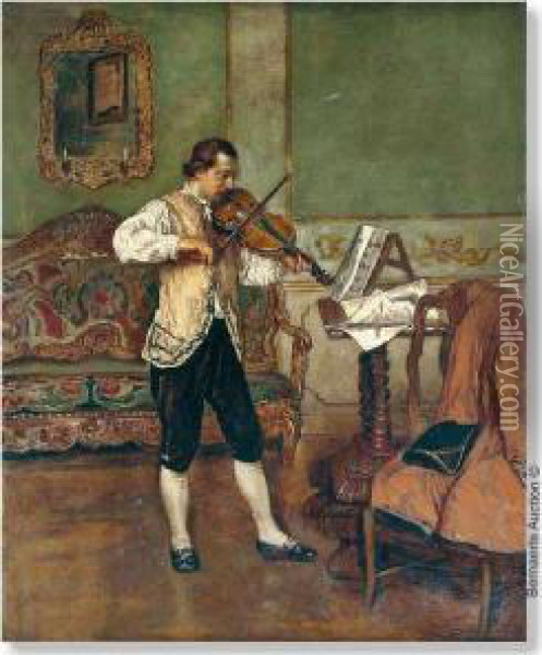 Violinist In Bourgeois Interior. Panel. Signed And Dated W Linnig 1876. Oil Painting - Willem Linnig