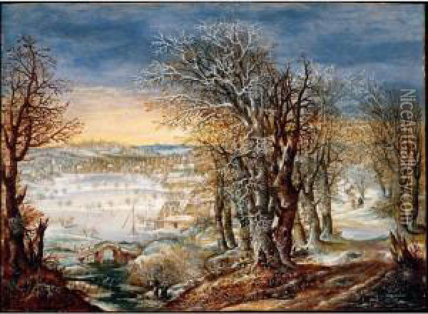 A Winter Landscape In The Foret De Soignes, With The Flight Into Egypt Oil Painting - Denys Van Alsloot
