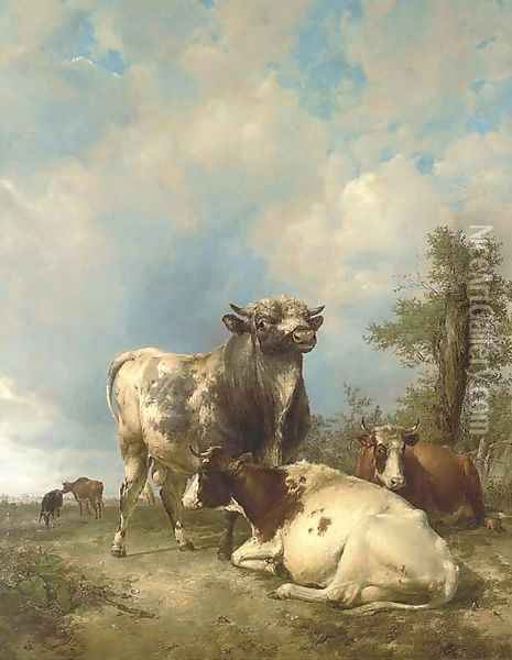 A Bull and Cows in a Landscape Oil Painting - Thomas Sidney Cooper