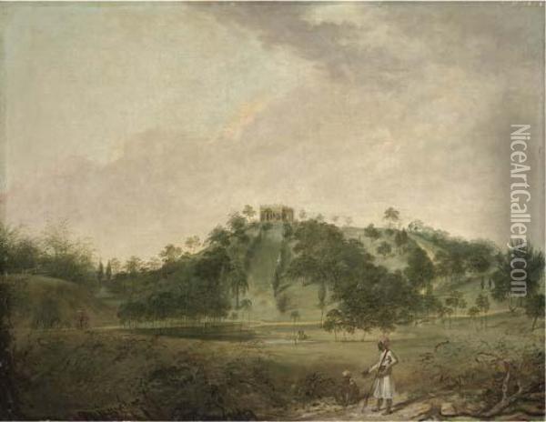 View Of Pirpahari At Monghyr 
With Figures In The Foreground, And Anelephant Procession Beyond Oil Painting - William Hodges