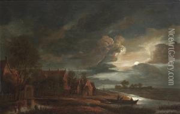 A Moonlit River Landscape With Figures In A Boat With Village Buildings Along The Bank Oil Painting - Anthonie Van Borssom