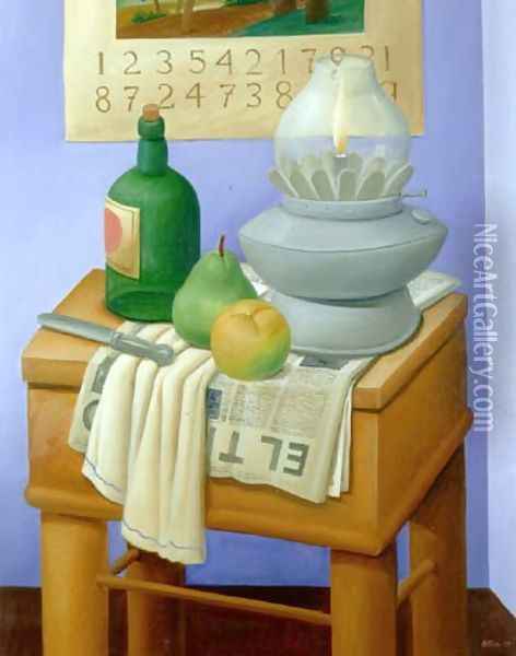 Still Life With Lamp And Bottle Oil Painting - Fernando Botero