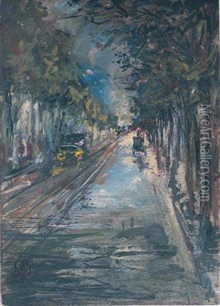 Wieczor Deszczowy W Berlinskiej Alei Wysadzanej Drzewami, L. 20-te Oil Painting - Lesser Ury