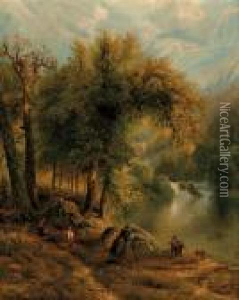 Children Fishing In A Mountain River Oil Painting - Edmund Darch Lewis