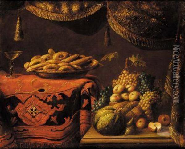 Natura Morta Con Frutta E Tappeto Oil Painting - Pier Francesco Cittadini Il Milanese