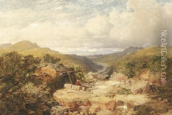 Im Schottischen Hochland. Wanderer Vor Einer Wassermuhle Oil Painting - Edmund John Niemann