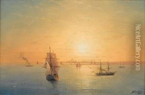 Russian Shipping At Sunset Oil Painting - Ivan Konstantinovich Aivazovsky