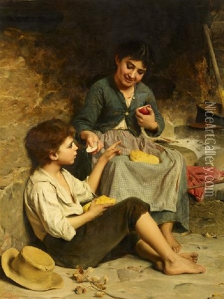 Zwei Kinder Mit Brot Und Apfeln Bei Der Pause Oil Painting - Luigi Bechi