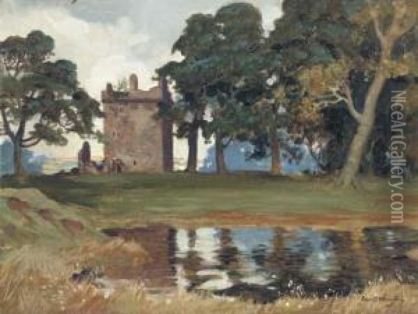 Landscape With Ruined Castle By A Loch Oil Painting - Robert Houston