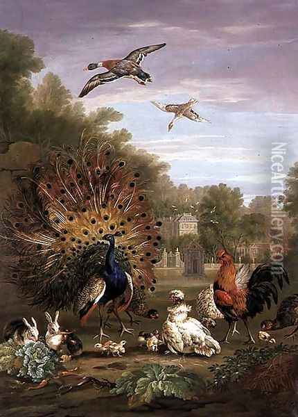Peacock and Rabbits in a Landscape Oil Painting - Pieter Casteels