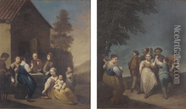A Landscape With Peasants Feasting Outside A Barn (+ A Landscape With Peasants Dancing And A Young Girl Playing A Stringed Instrument; Pair) Oil Painting - Antonio Beccadelli
