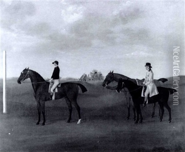 Three Racehorses With Two Riders Up At A Starting Post Oil Painting - John Nost Sartorius