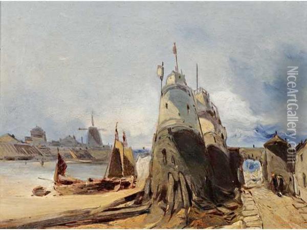 < Entreede Port Du Oil Painting - Eugene Francois Deshayes