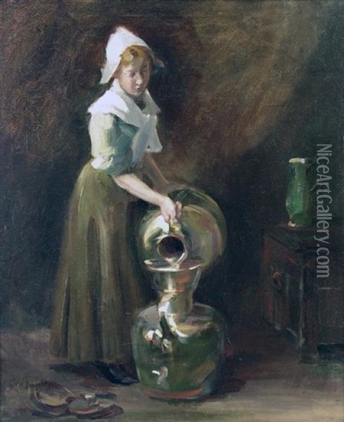 Dutch Girl Pouring Water Oil Painting - Jozef Israels