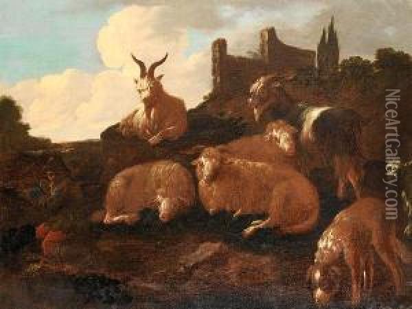 A Shepherd And His Flock Before A Landscape, A Ruined Building In The Distance Oil Painting - Jakob Roos