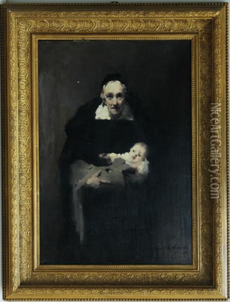 Anziana Con Bimbo Oil Painting - Louis Henri Deschamps