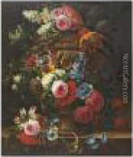 Un Bouquet De Fleur Dans Une Urne Posee Sur Un Entablement Oil Painting - Jan-baptist Bosschaert