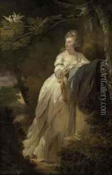 Portrait Of A Lady, Full-length, In A White Dress, Leaning On Apedestal By A Tree With Two Doves Oil Painting - Ozias Humphrey
