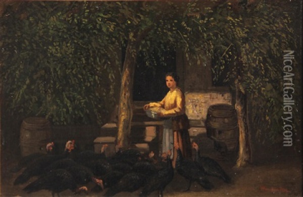 Feeding The Turkeys Oil Painting - William Hahn