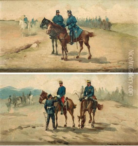 Militares De Caballeria (+ El Mando De Caballeria; Pair) Oil Painting - Marcelino Unceta Y Lopez