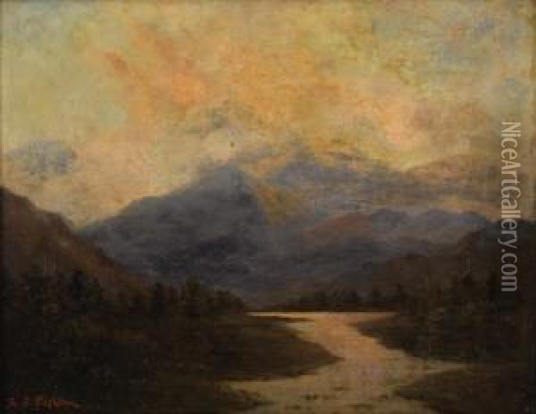 View Of The Rocky Mountains At Sunset Oil Painting - Leslie James Skelton
