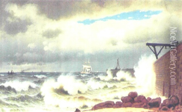 Marine Med Talrige Sejlskibe Naer Mole Oil Painting - Christian Frederic Eckardt