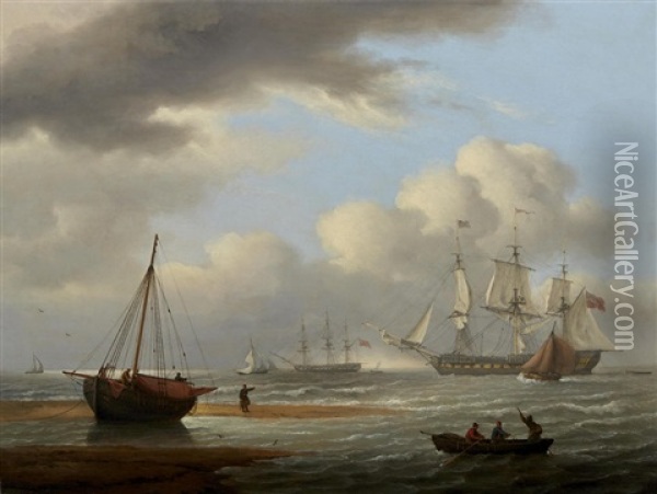 A Britsh Frigate In Stays Off Teignmouth Oil Painting - Thomas Luny