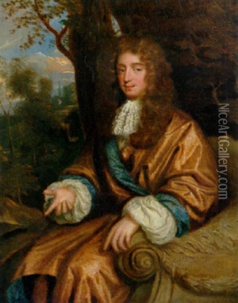 Portrait Of A Gentleman Wearing A Blue-lined Ochre Japanese Rok With Lace Chemise And Wig Oil Painting - Caspar Netscher