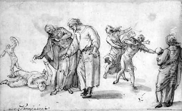 A Wounded Boy Attended By A Woman And A Man, With Figures Fleeing Oil Painting - Ventura Salimbeni