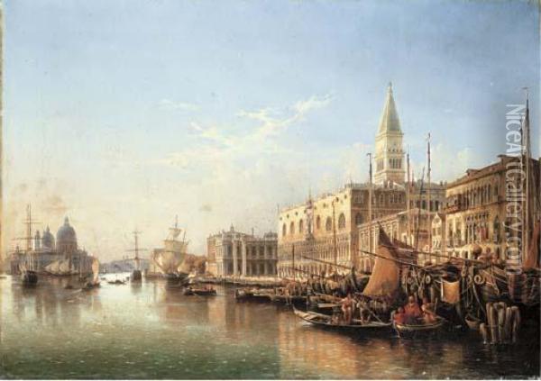 Venice: The Riva Degli Schiavoni, Looking West With The Punta Della Dogana And Santa Maria Della Salute Beyond Oil Painting - Julius Helfft