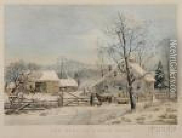 New England Winter Scene Oil Painting - Currier & Ives Publishers