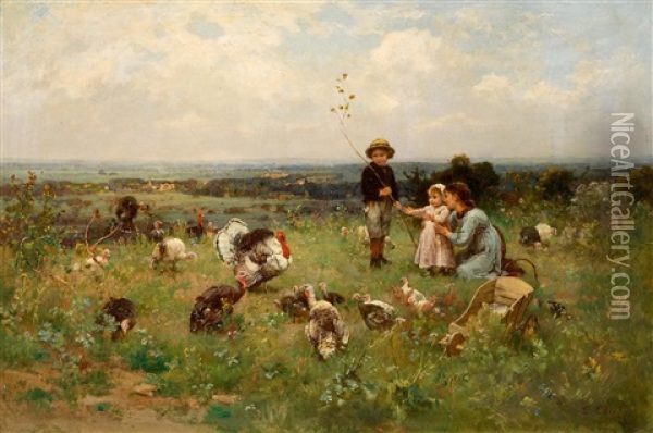 Children In A Meadow With A Rafter Of Turkeys Oil Painting - Luigi Chialiva