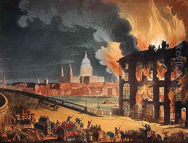 Fire at Albion Mill, Blackfriars Bridge, from Ackermanns Microcosm of London c.1808-11 2 Oil Painting - T. Rowlandson & A.C. Pugin