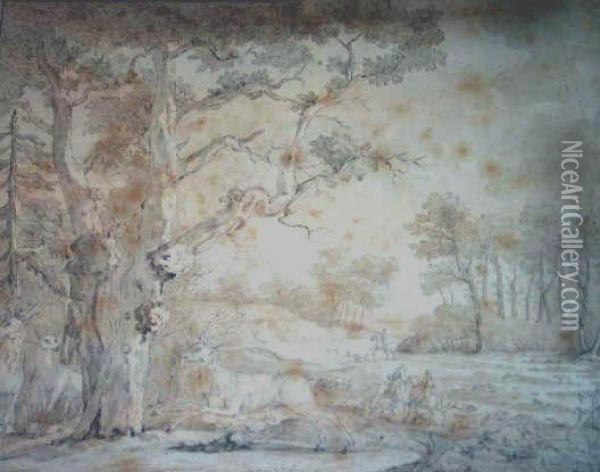 Scene De Chasse A Courre Dans La Foretde Breuilpont Oil Painting - Marquis De Breuilpont