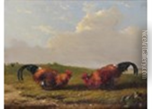 Cock Fighting Scenes (a Pair) Oil Painting - Francois Vandeverdonck