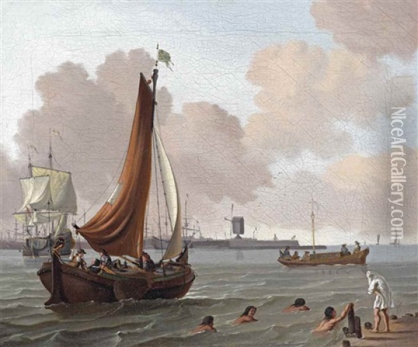 View Of The Ij Towards Bokkinghangen, Amsterdam, With The Fortification Blauwhoofd, The Windmill 'de Bok', In The Background Oil Painting - Johannes de Blaauw