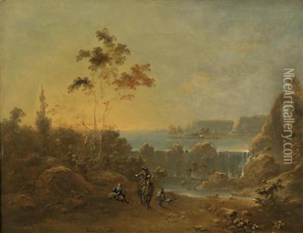 River Landscape With A Waterfall And Horseman Oil Painting - Norberta Grund