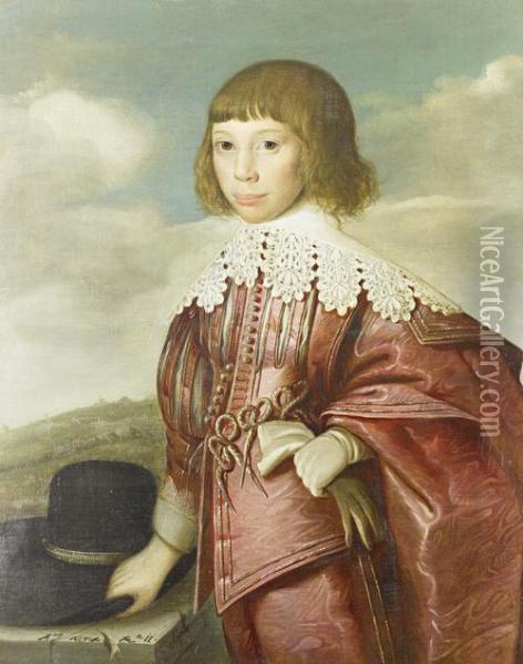 Portrait Of A Young Boy, Three-quarter-length,in Pink Silk Embroidered Dress And A White Chemise, Standing Besidea Stone Ledge Before An Open Landscape Oil Painting - Edward Bower