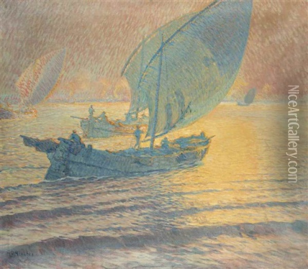 Sailboats Offshore Oil Painting - Ugo Flumiani
