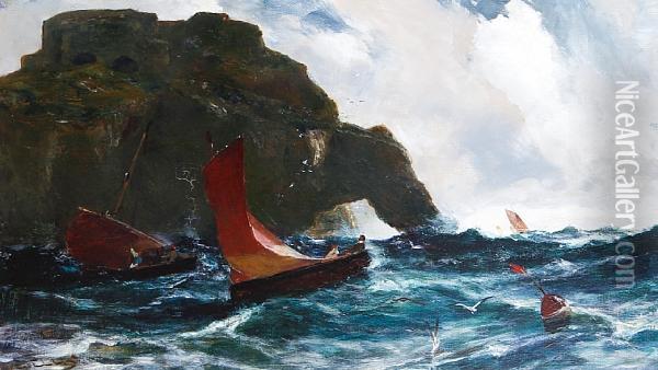 Boats Passing The Durdle Door, Dorset Oil Painting - Edwin Ellis