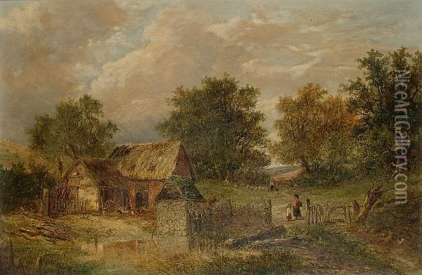 Chickens Before A Barn, With Figures By A Gate Oil Painting - Joseph Thors